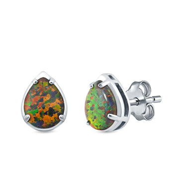 Solitaire Teardrop Pear Stud Earrings Lab Created Black Opal 925 Sterling Silver